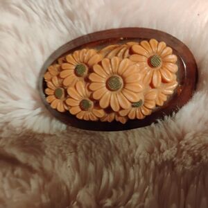Floral Carved Brooch - Tan and Brown